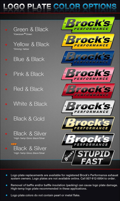 Brocks Performance Brocks Alien Head 2 Full Exhaust 14" Muffler Suzuki Hayabusa (22-25), variety of logo plate color options including green, yellow, blue, pink, red, white, black & gold, silver, and black & silver with different designs and text styles.