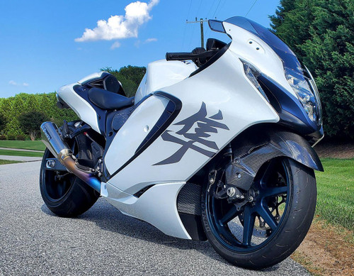 Brocks Performance Brocks CT Full Exhaust 16" Muffler Suzuki GSX1300R Hayabusa (22-25), motorcycle with a sleek white and blue body, featuring a carbon fiber front fender and a custom exhaust system. Loading Image