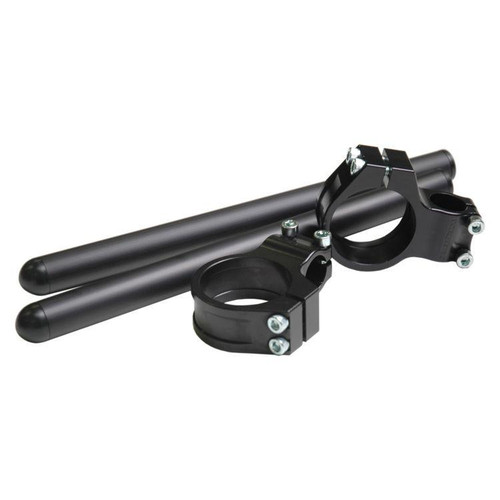 Vortex Clip-On Handlebars (0 Degree), black motorcycle handlebar clamps with mounting brackets and extension bars for easy installation. Loading Image