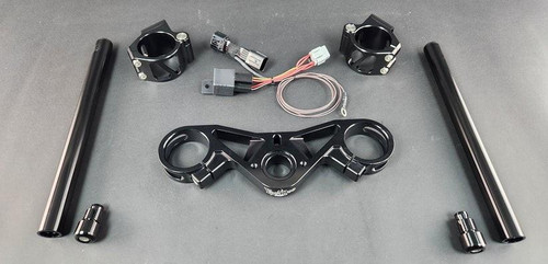VooDoo Top Triple Tree Complete Kit Suzuki GSXR1000 2017-2025, motorcycle front end part including triple clamp, handlebar risers, and mounting hardware. VooDoo Top Triple Tree Complete Kit Suzuki GSXR1000 2017-2025, motorcycle front end part including triple clamp, handlebar risers, and mounting hardware.