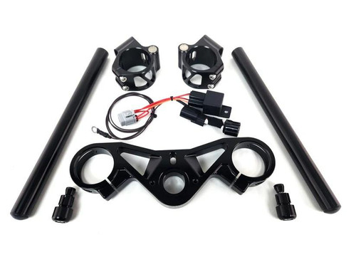 VooDoo Top Triple Tree Complete Kit Suzuki GSXR1000 (17-25), motorcycle steering stem and fork tube clamps with wiring connectors and mounting hardware. Loading Image