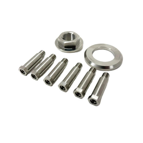 Ironless Innovations Titanium Clutch Mod And Hardware Kit Kawasaki ZX14R, image of titanium clutch hardware components including bolts, washers, and a nut. Ironless Innovations Titanium Clutch Mod And Hardware Kit Kawasaki ZX14R, image of titanium clutch hardware components including bolts, washers, and a nut.