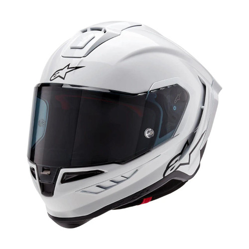 Alpinestars Supertech R10 Carbon Fiber Helmet, white full-face motorcycle helmet with tinted visor and aerodynamic design.