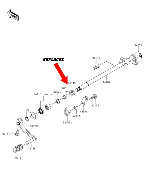Robinson Industries Heavy Duty Detent Spring Kawasaki ZX-14R (06-26), technical diagram showing the spring as a replacement part in the motorcycle's assembly. Robinson Industries Heavy Duty Detent Spring Kawasaki ZX-14R (06-26), technical diagram showing the spring as a replacement part in the motorcycle's assembly.