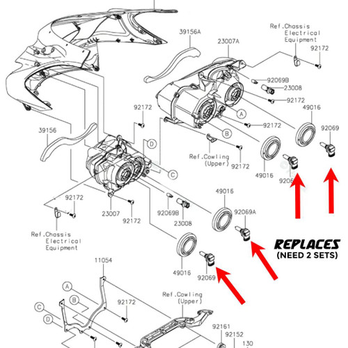 Schnitz Racing Headlight Plug Connectors for ZX-14 (06-26), detailed technical diagram showing connectors with arrows pointing to them, fitting H8/H9/H10/H11 bulbs.