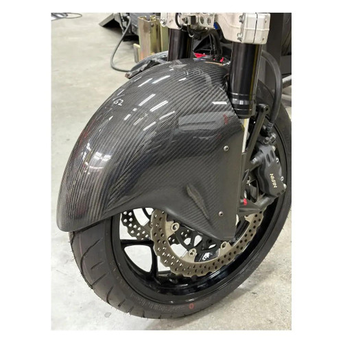 Montgomery Motorsports Carbon Fiber Aero Front Fender Kawasaki ZX-14R, front view of the motorcycle with a sleek black carbon fiber front fender.