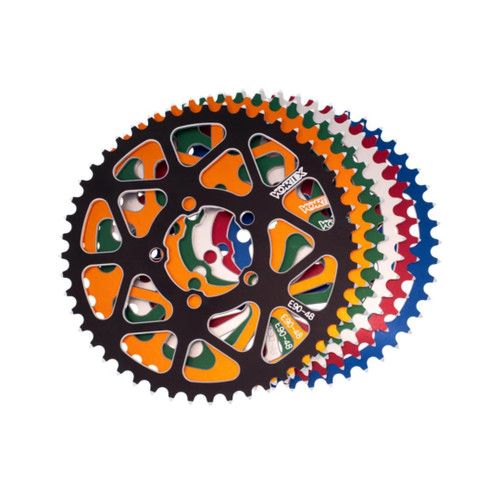 Vortex Rear Aluminum Sprocket for Surron Light Bee, black with orange, white, red, green, and blue accents, made of durable aluminum for electric bike performance enhancement.