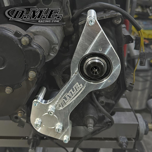 DME Racing Motorcycle Parts DME Output Shaft Support Kit for Kawasaki ZX-10R (04-05), silver aluminum support bracket installed on motorcycle engine.