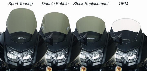 Zero Gravity Sport Touring Windscreen Kawasaki KLR650, four types of motorcycle windshields displayed from left to right, including Sport Touring, Double Bubble, Stock Replacement, and OEM