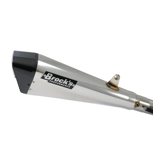Brock’s Performance Motorcycle Parts Penta-Carbon Full System 15" Muffler GSX-R1000 (05-06), motorcycle exhaust muffler with carbon end cap and silver body.