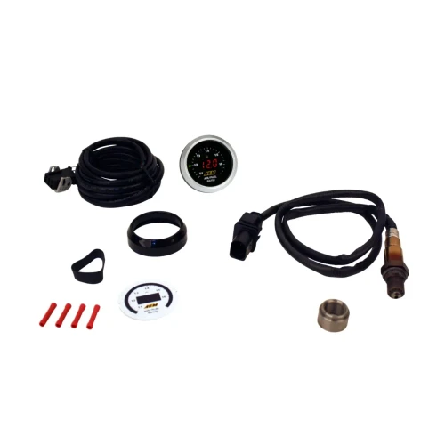 AEM Advanced Engine Management for Motorcycles, AEM Classic Digital Wideband AFR Gauge Kit components including gauge, wiring, sensors, and installation accessories.