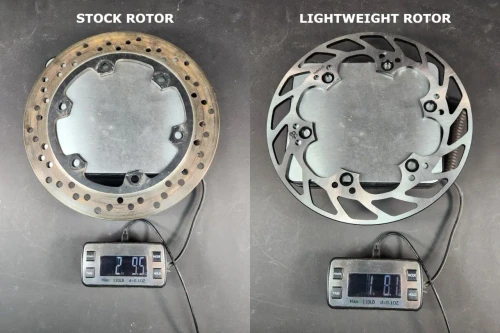 VooDoo Motorcycle Components Lightweight Rear Brake Rotor Suzuki Hayabusa (08-20), comparison of stock rotor and lightweight rotor with weight measurements.