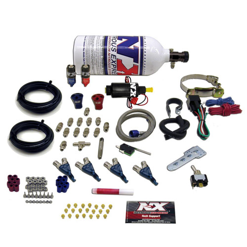 NX Four Cylinder Piranha Wet Nitrous Kit, automotive performance nitrous oxide system components including bottles, hoses, solenoids, and wiring for engine power enhancement.