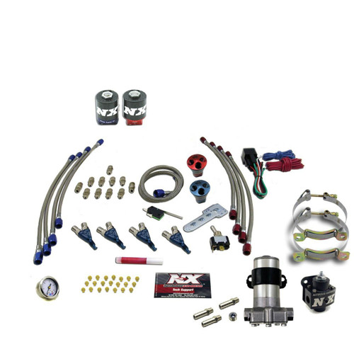NX Four Cylinder Piranha Pro Mod Wet Nitrous Kit, image showing a comprehensive set of nitrous system components including injectors, plumbing, solenoids, gauges, and fittings for high-performance automotive applications.