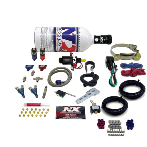 NX Two Cylinder Piranha Wet Nitrous Kit, assembled kit with bottle, hoses, wiring, and installation accessories for car performance enhancement.