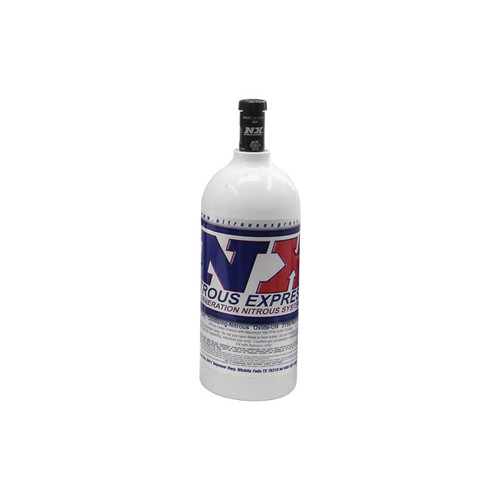 NX Nitrous Bottle, white cylindrical bottle with a black cap and a label displaying the NX logo and specifications for nitrous oxide generation.