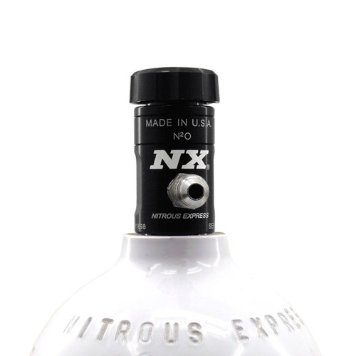 NX Nitrous Bottle Valve, black metal valve attached to a white nitrous oxide bottle. Loading Image