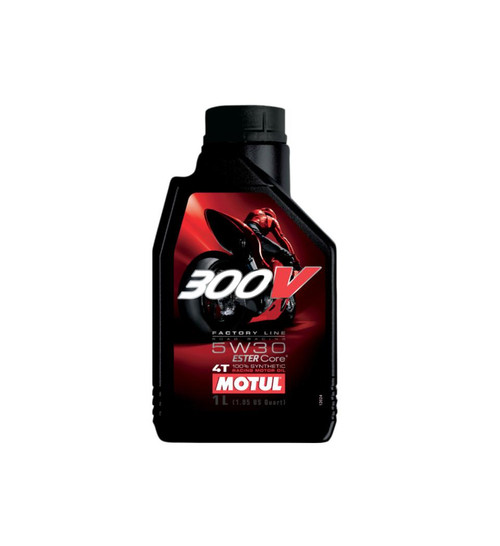 Motul 300V Synthetic Engine Oil, black bottle with red and black motorcycle graphic and white bold text, 1 liter container.