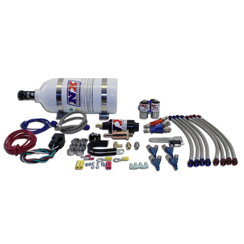 NX Four Cylinder Mainline Wet Nitrous Kit, automotive performance nitrous oxide system with fuel solenoid, nitrous bottle, and various hoses, fittings, and wiring components for enhanced engine power. Loading Image