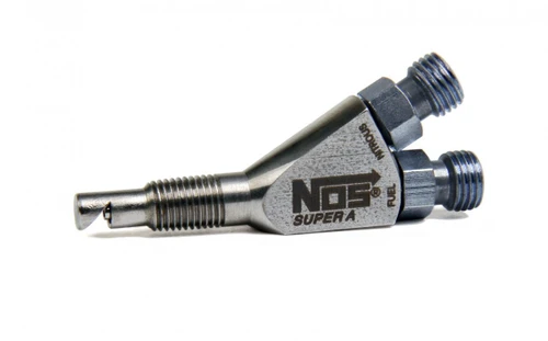 NOS Fogger Nozzles, metallic nozzle with threaded connectors and branding for fuel and arrow indicators.