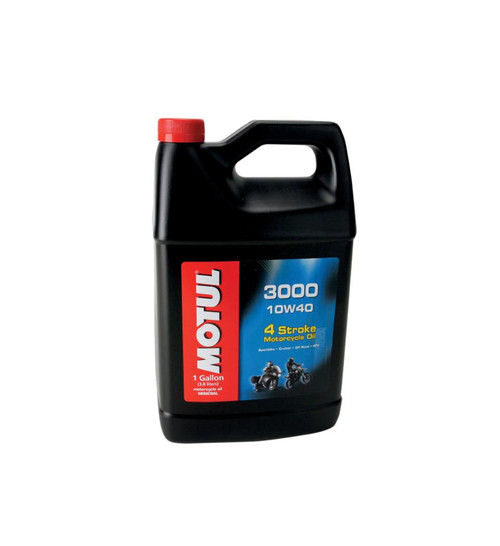 Motul 3000 Engine Oil, 1-gallon black plastic container with red cap and a label displaying product details and motorcycle imagery.