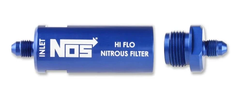 NOS In-Line Hi-Flow Nitrous Filter, 4an, Blue - a high-performance blue nitrous oxide filter with 4an fittings for automotive nitrous systems.