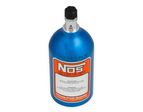 NOS Four Cylinder Wet Nitrous Kit, blue nitrous oxide tank with logo and safety labels. NOS Four Cylinder Wet Nitrous Kit, blue nitrous oxide tank with logo and safety labels.