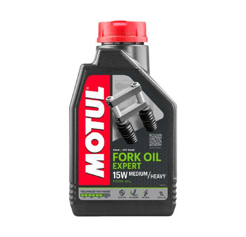 Motul Expert Fork Oil, a 1-liter bottle of medium/heavy motorcycle fork oil with red cap and black body.