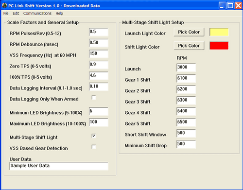 Daytona Sensors Shift Light and Vehicle Data Logger, screenshot of the software interface with settings and options for vehicle data logging and shift light customization. Daytona Sensors Shift Light and Vehicle Data Logger, screenshot of the software interface with settings and options for vehicle data logging and shift light customization.
