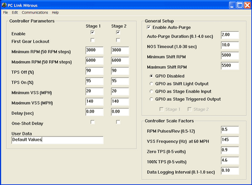 Product Daytona Sensors NC-2 Progressive Nitrous and Data Logger, close-up of the configuration interface showing controller parameters and general setup settings.
