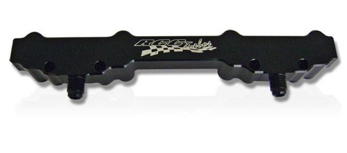 RCC Billet Fuel Rail Suzuki Hayabusa (08-20), black aluminum fuel rail with mounting holes and fittings for high-performance motorcycle fuel system. Loading Image