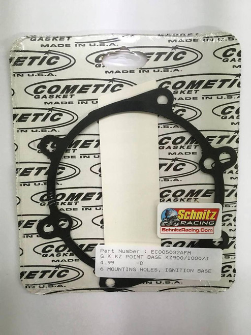 Cometic Point Base Gasket Kawasaki KZ900-KZ1000, black gasket with six mounting holes for ignition base.