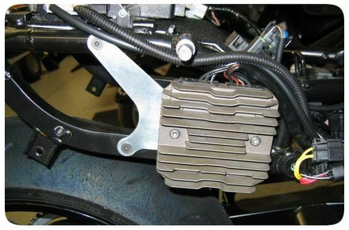 Adams Performance Rectifier Relocation Bracket Suzuki Hayabusa (08-20), close-up of motorcycle rectifier mounted on frame with electrical wiring.