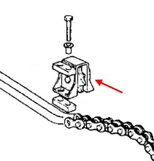 Kawasaki OEM Top Idler Assembly for Kawasaki KZ900, detailed line drawing of the motorcycle part with chain and mounting bolt