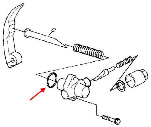Kawasaki OEM Cam Chain Tensioner O-Ring KZ1000J, technical diagram of engine parts with an arrow pointing to the O-ring. Loading Image