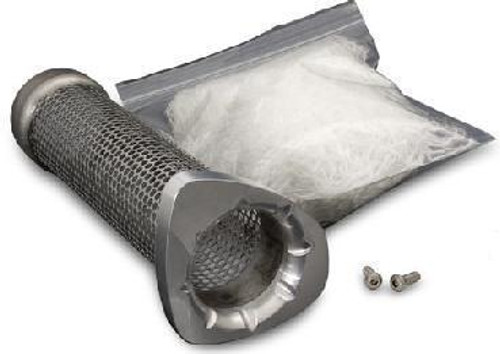 Vance & Hines Sidewinder Exhaust Baffle, cylindrical metal motorcycle exhaust baffle with mesh pattern and mounting screws. Loading Image