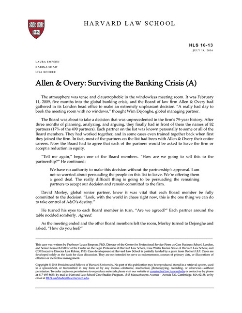Allen & Overy Surviving the Banking Crisis (A) HLS Case Studies
