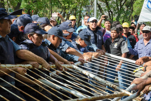 many workers protesting outside