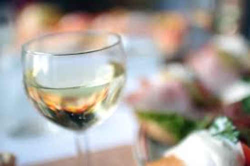 glass of white wine among a blurred backdrop