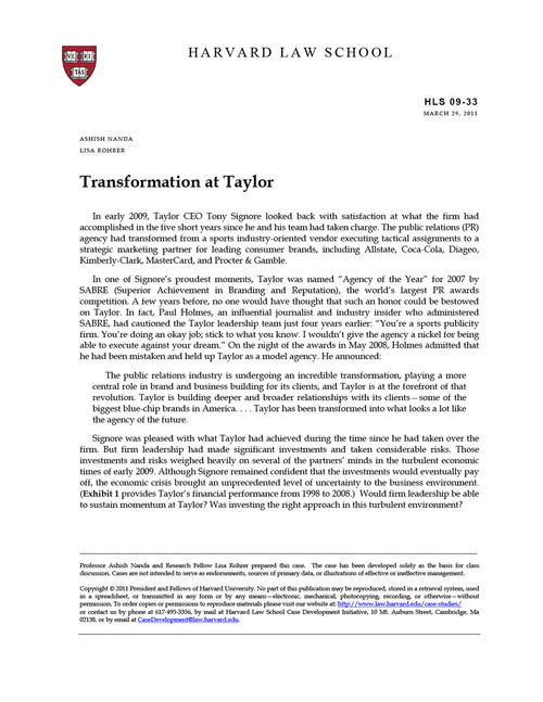 Transformation At Taylor Hls Case Studies