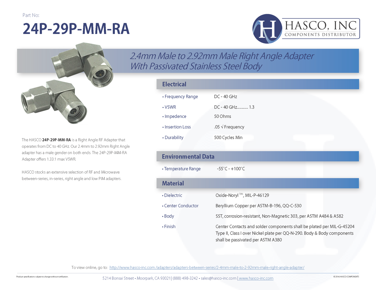 Adapter R49 To R24 24P-29P-MM-RA,2.4mm Male to 2.92mm Male Right Angle Adapter