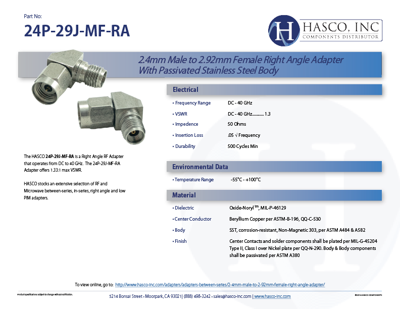 Adapter R49 To R24 24P-29J-MF-RA,2.4mm Male to 2.92mm Female Right Angle Adapter