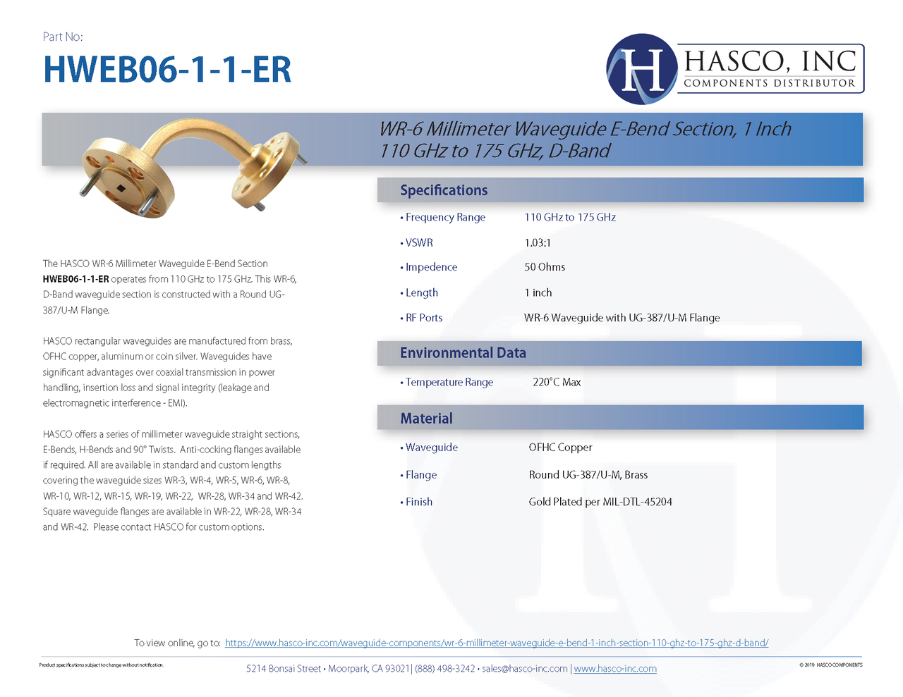 Waveguide Section, E-Bend, 1 Inch -110 GHz to 175 GHz WR-6