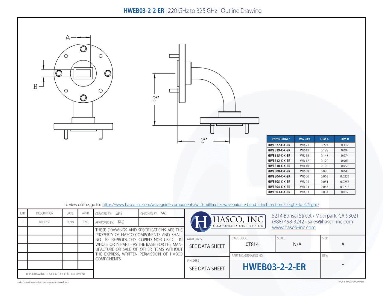 Waveguide Section, EBend, 2 Inch 220 GHz to 325 GHz, WR3