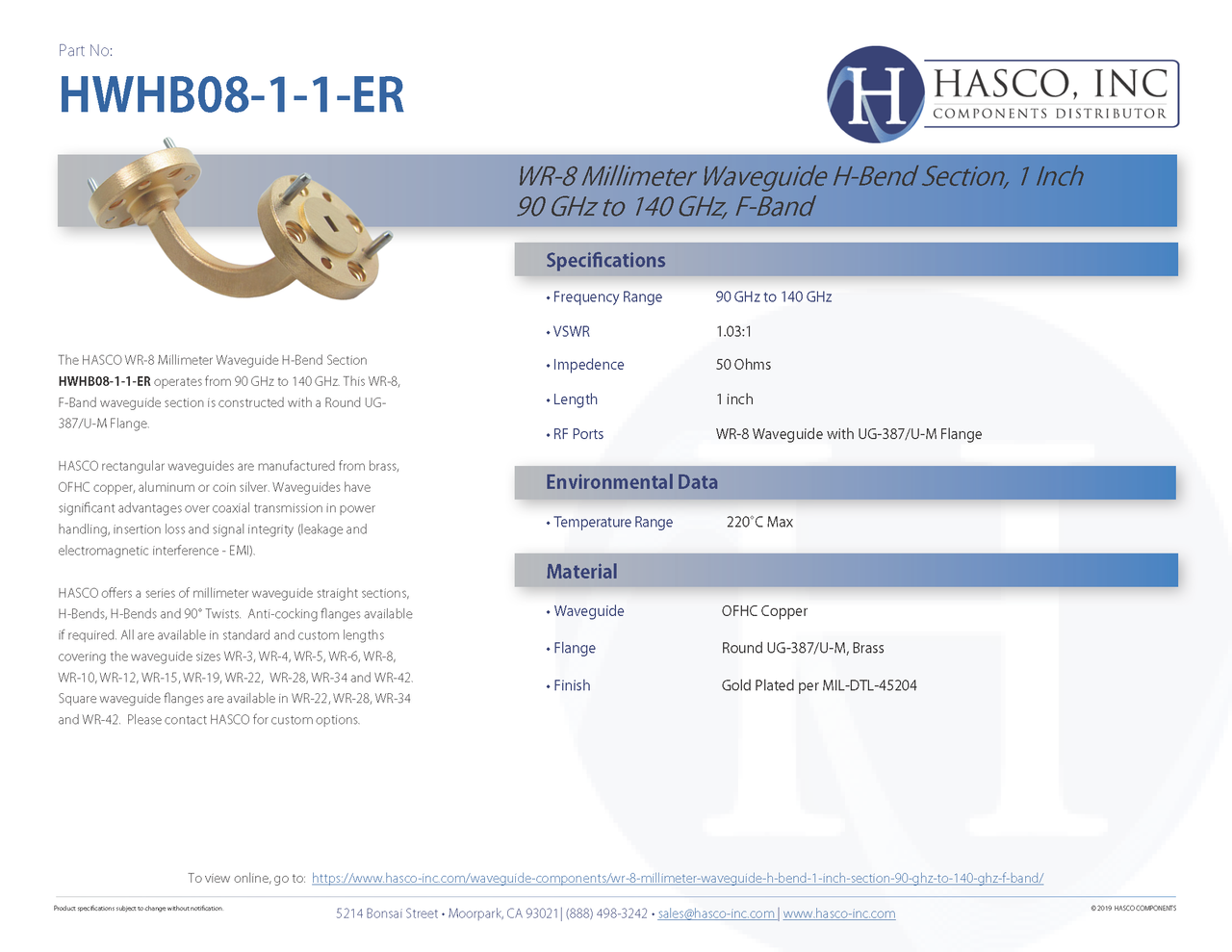 Waveguide Wr08 Waveguide Section, H-Bend, 1 Inch,90 GHz to 140 GHz, F-Band, WR-8