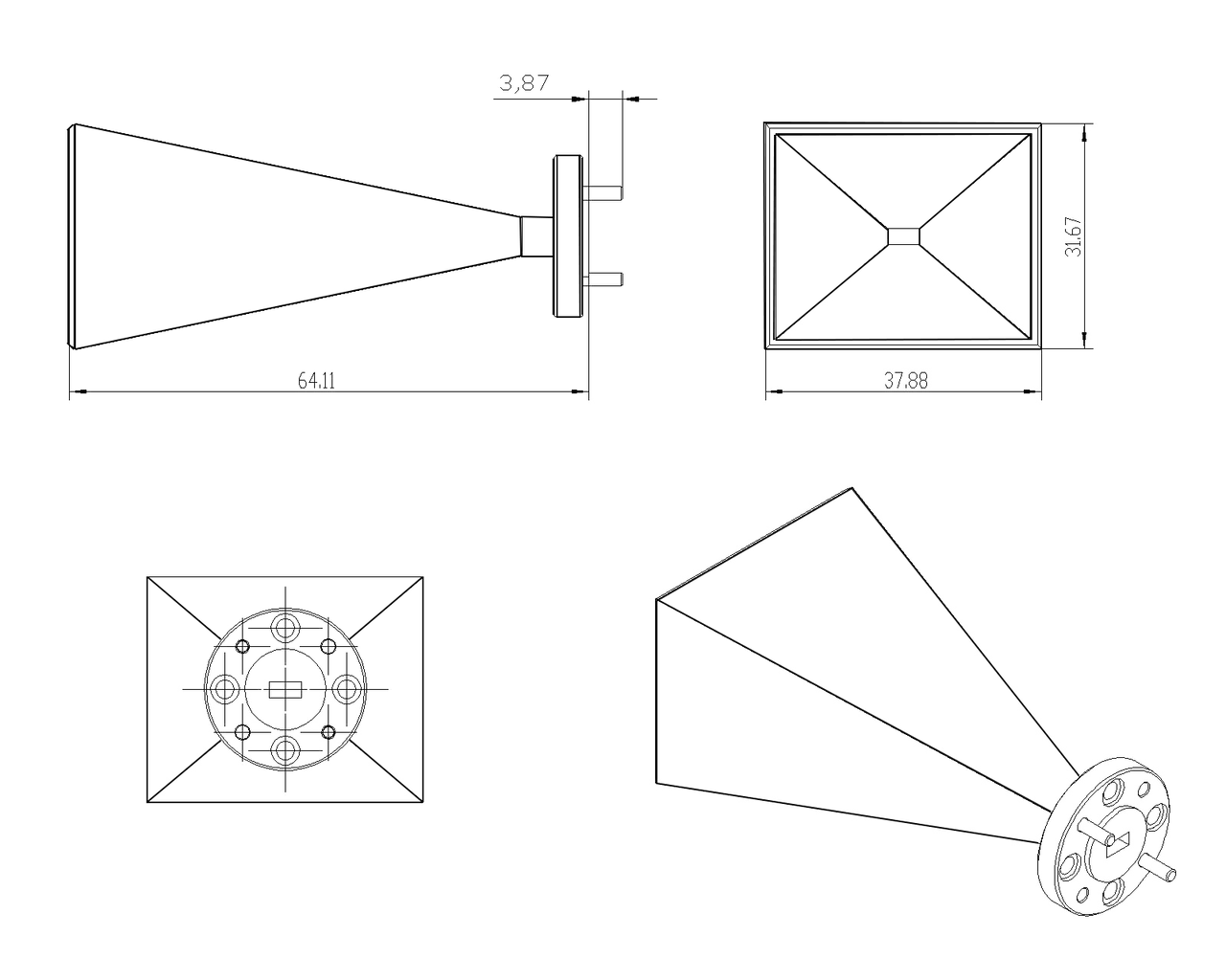 WR15, 23 dBi Typical Gain, Rectangular Standard Gain Horn Antenna