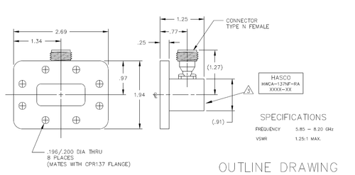 Waveguide to Coax Adapter, WR-137 to Type N Female, Right Angle