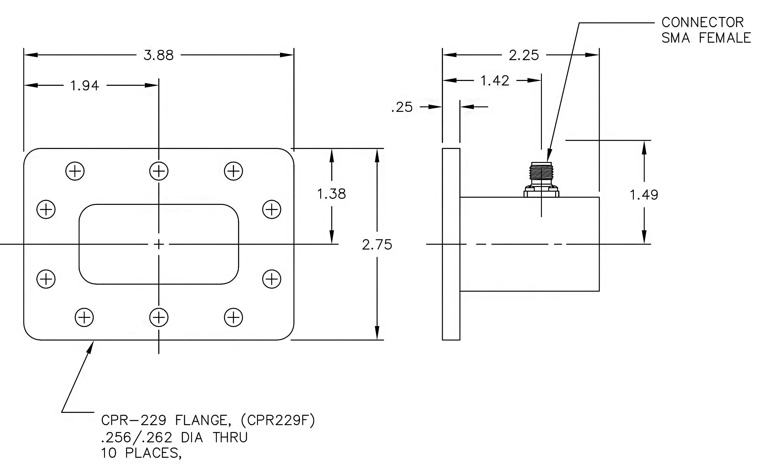 Product Image 1 - WR-229 to SMA Female Waveguide to Coax Adapter, Right Angle Design, 3.3 GHz to 4.9 GHz, CPR229F Flange