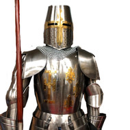 Medieval Templar Knight Suit of Armor w/Halberd & Shield & Wooden Base
