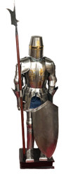 Medieval Templar Knight Suit of Armor w/Halberd & Shield & Wooden Base